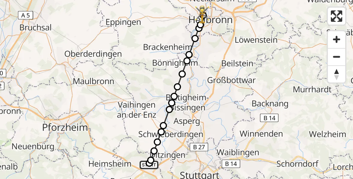 Flugroute Rettungshubschrauber Leonberg Hospital - Heilbronn Hospital, 23 Juni 2026, 12:44