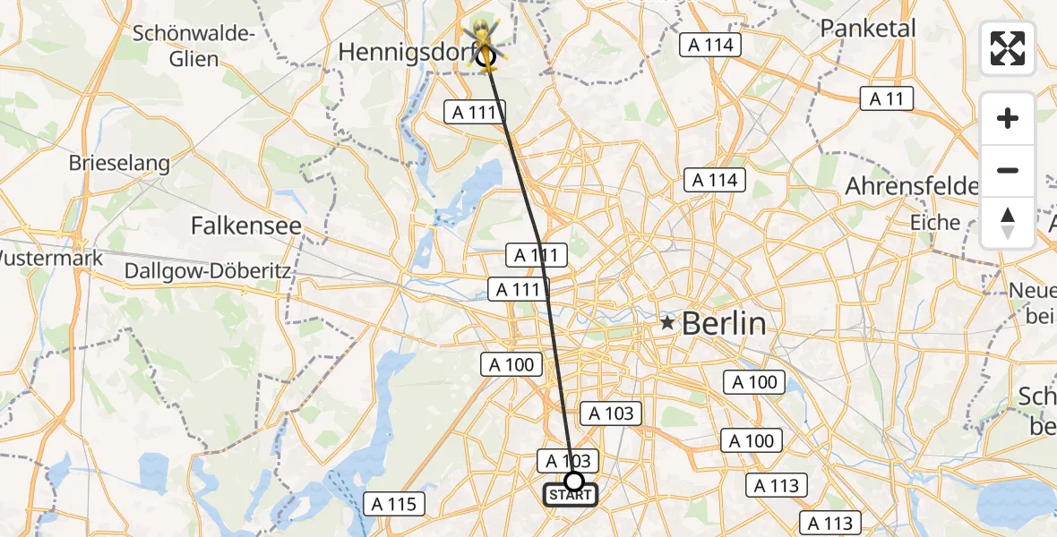 Flugroute Rettungshubschrauber Charité Clinic Benjamin Franklin Campus - Hohen Neuendorf, 23 Juni 2026, 12:48