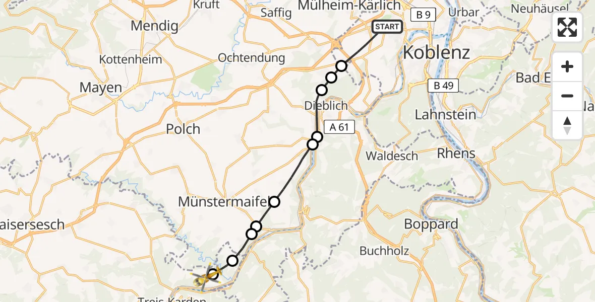 Flugroute Rettungshubschrauber Koblenz - Müden (Mosel), 23 Juni 2026, 12:49