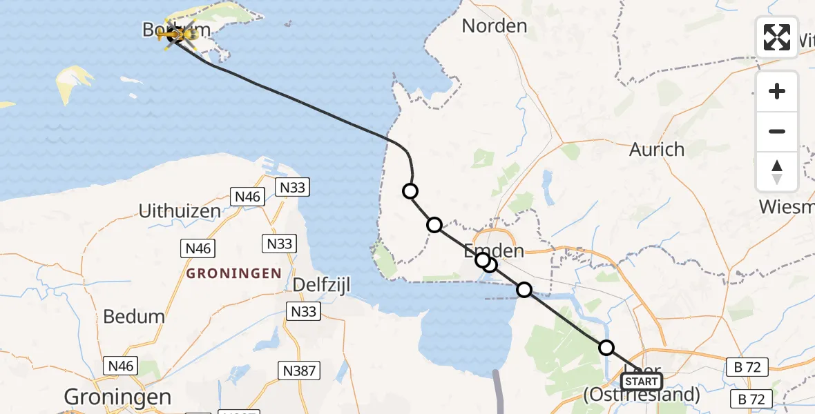 Flugroute Ambulanzhubschrauber Leer (Ostfriesland) - Borkum Island Hospital, 23 Juni 2026, 12:50