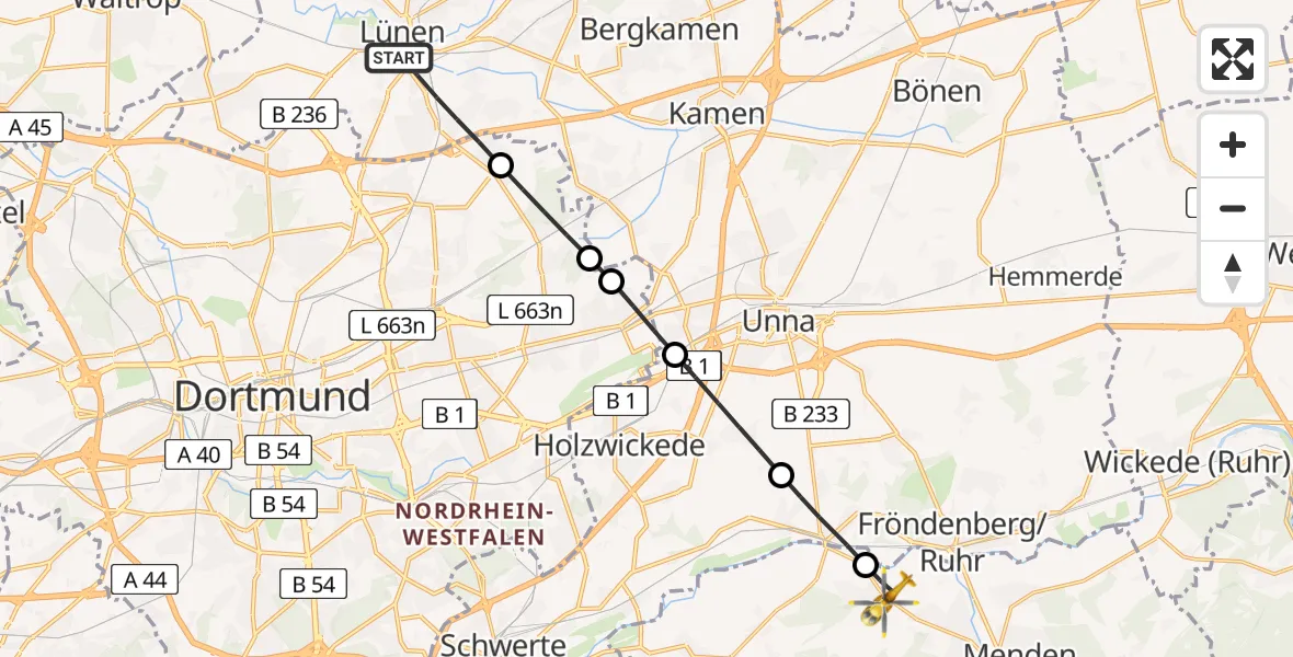 Flugroute Rettungshubschrauber Lünen - Menden (Sauerland), 23 Juni 2026, 12:51