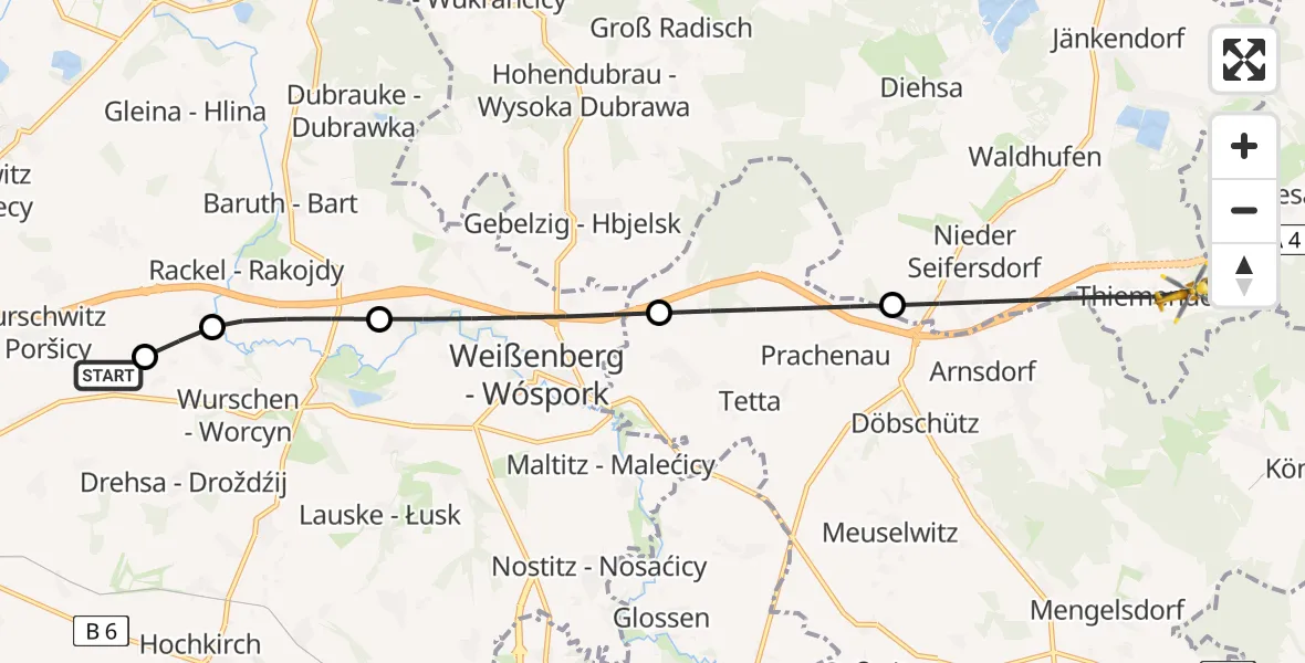 Flugroute Rettungshubschrauber Kubschütz - Waldhufen, 23 Juni 2026, 12:57