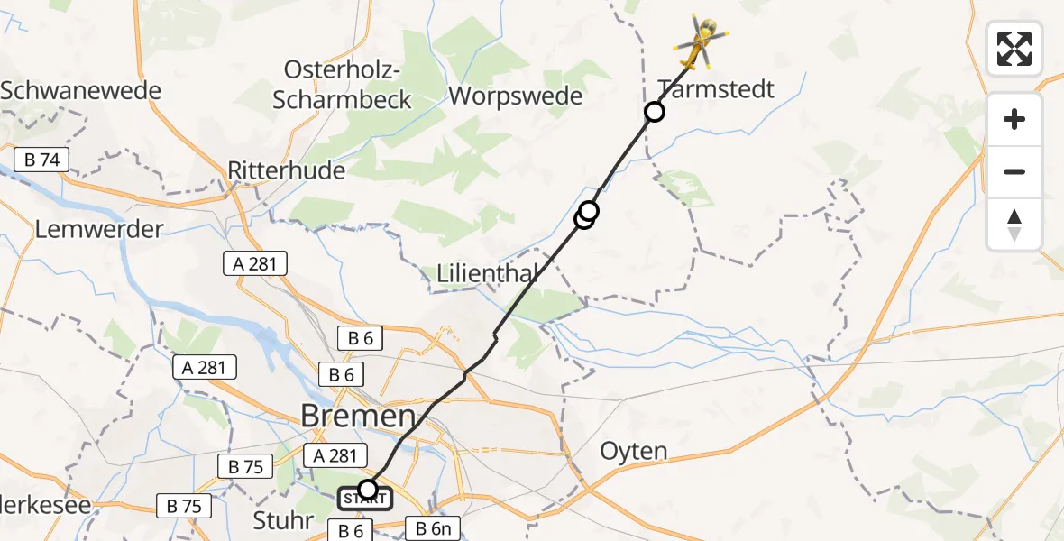 Flugroute Rettungshubschrauber ADAC Air Rescue Station Bremen Hubschrauberlandeplatz (Christoph 6) - Hepstedt, 23 Juni 2026, 12:58