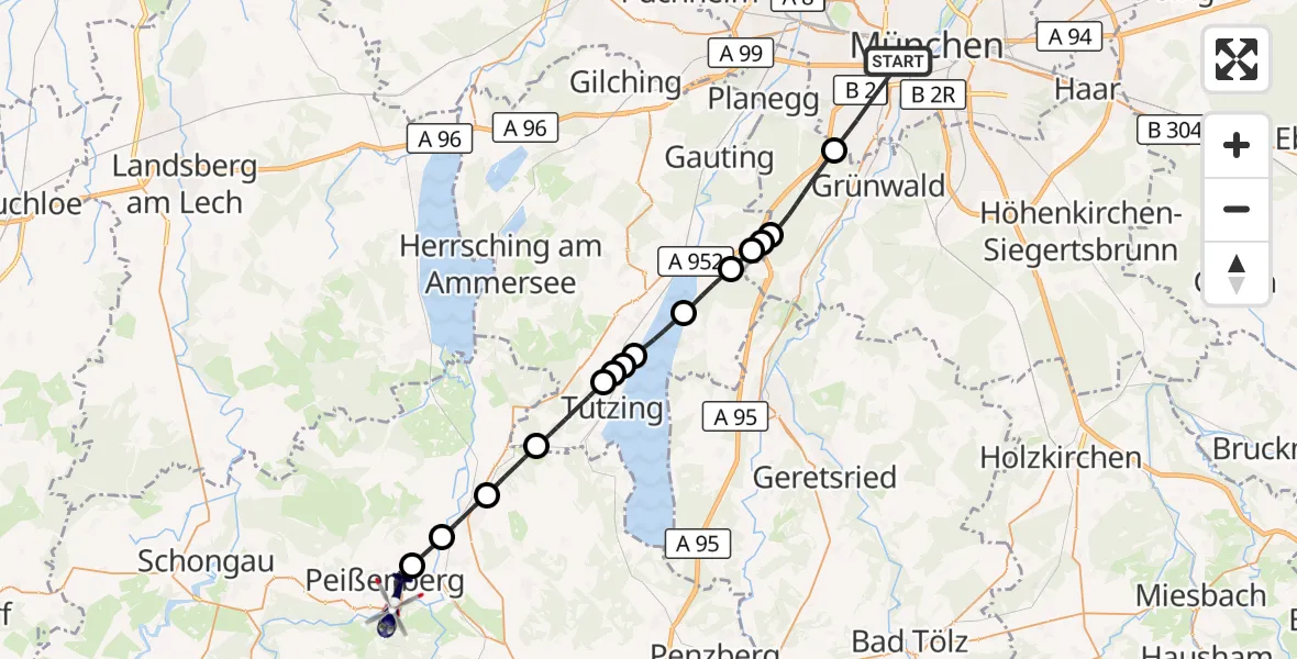 Flugroute Polizeihubschrauber München - Peißenberg, 23 Juni 2026, 13:01