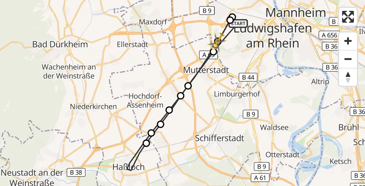 Flugroute Rettungshubschrauber Ludwigshafen am Rhein - Ludwigshafen am Rhein, 23 Juni 2026, 13:02