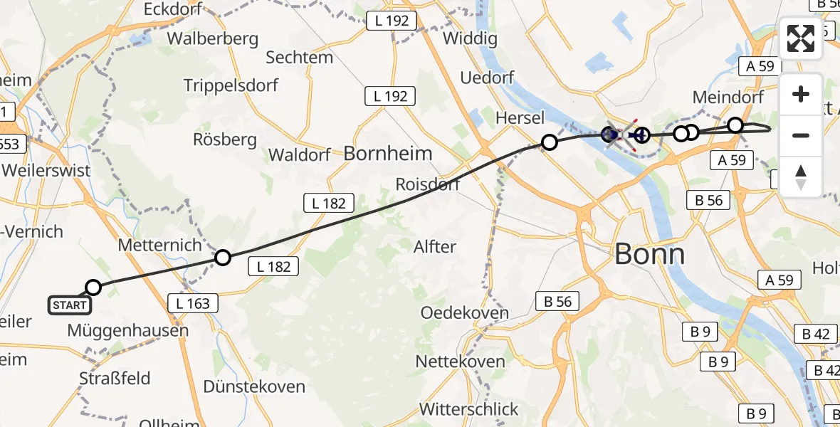 Flugroute Polizeihubschrauber Weilerswist UL - Troisdorf, 23 Juni 2026, 13:09