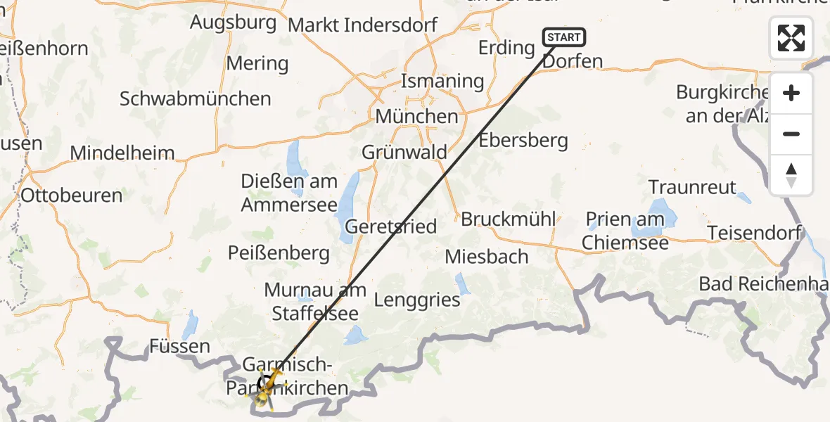 Flugroute Rettungshubschrauber Taufkirchen (Vils) - Brandweg Hubschrauberlandeplatz, 23 Juni 2026, 13:09