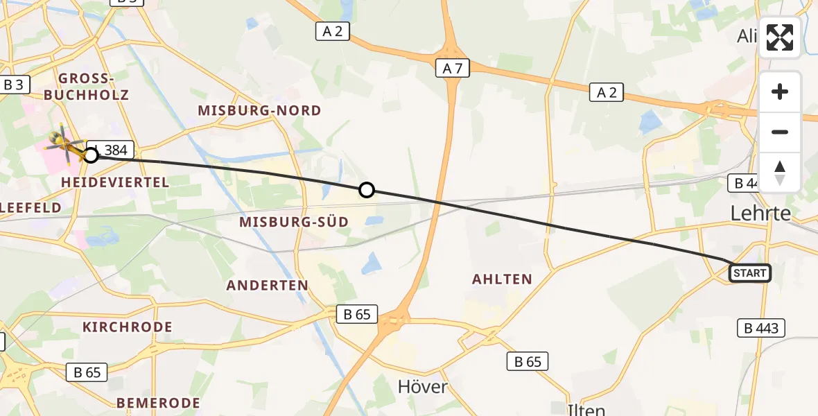 Flugroute Rettungshubschrauber Lehrte - Hannover Luftrettung Hubschrauberlandeplatz (Christoph 4), 23 Juni 2026, 13:09