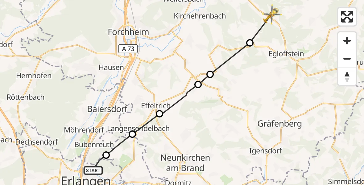 Flugroute Rettungshubschrauber Erlangen - Egloffstein, 23 Juni 2026, 13:15