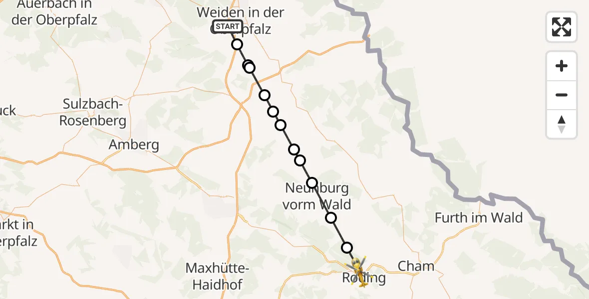 Flugroute Rettungshubschrauber Weiden i.d.OPf. - Roding, 23 Juni 2026, 13:17