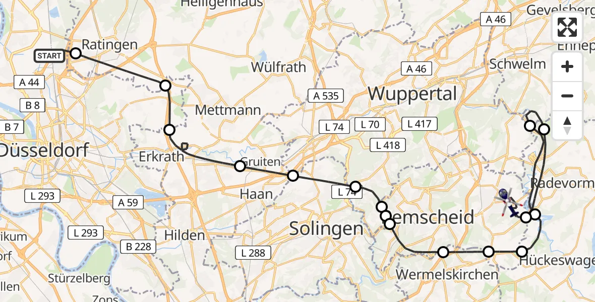 Flugroute Polizeihubschrauber Düsseldorf Flughafen - Remscheid, 23 Juni 2026, 13:18