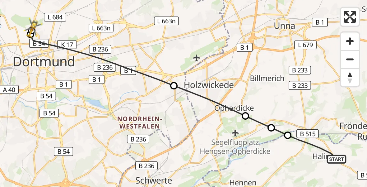 Flugroute Rettungshubschrauber Menden (Sauerland) - Dortmund Hospital North, 23 Juni 2026, 13:19