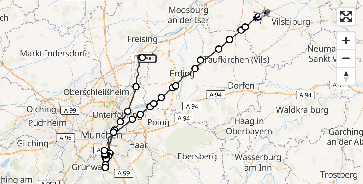 Flugroute Polizeihubschrauber München Flughafen - Geisenhausen, 23 Juni 2026, 13:19