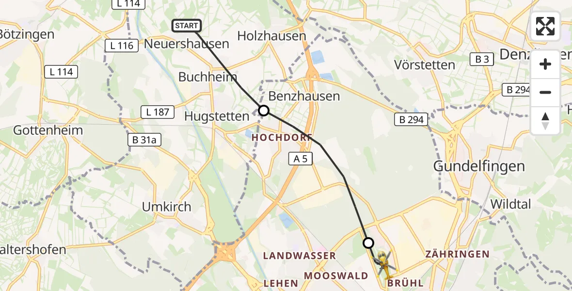 Flugroute Ambulanzhubschrauber March - Freiburg im Breisgau Flugplatz, 23 Juni 2026, 13:20