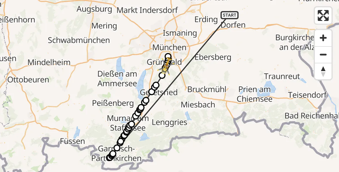 Flugroute Rettungshubschrauber Taufkirchen (Vils) - Grünwalder Forst, 23 Juni 2026, 13:27