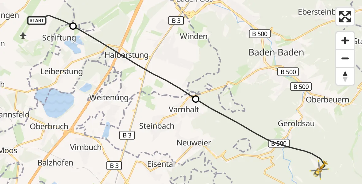 Flugroute Rettungshubschrauber Karlsruhe Baden-Baden Flughafen - Baden-Baden, 23 Juni 2026, 13:31