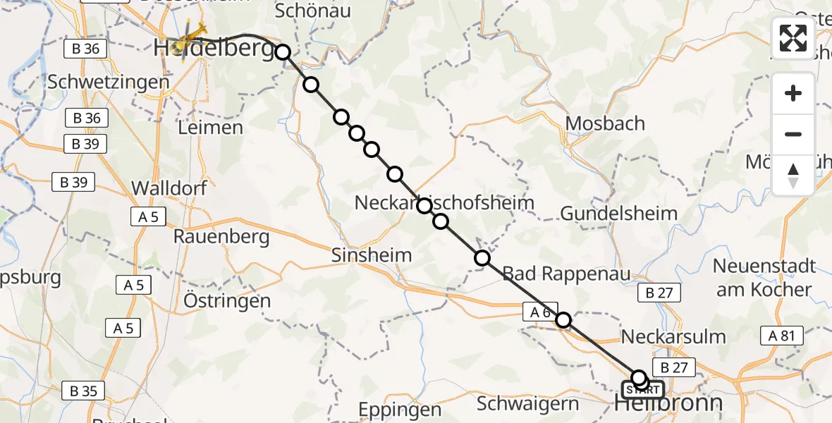 Flugroute Rettungshubschrauber Heilbronn Hospital - Heidelberg, 23 Juni 2026, 13:34