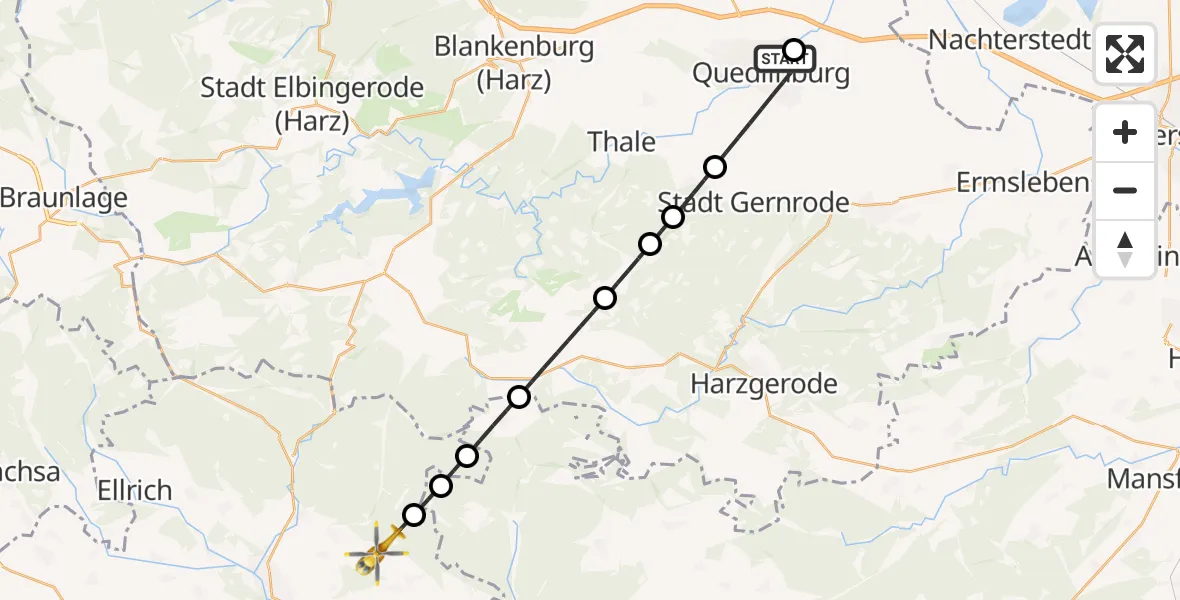 Flugroute Rettungshubschrauber Harz Hospital Quedlinburg - Harztor, 23 Juni 2026, 13:35