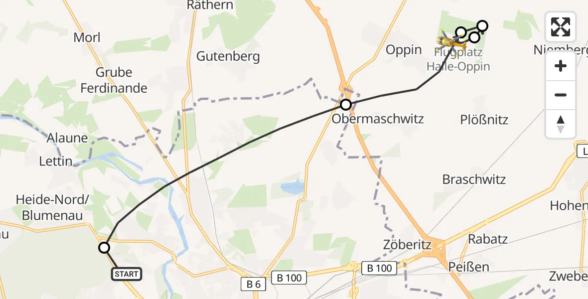 Flugroute Rettungshubschrauber Halle (Saale) University Hospital - Halle-Oppin Flugplatz, 23 Juni 2026, 13:35