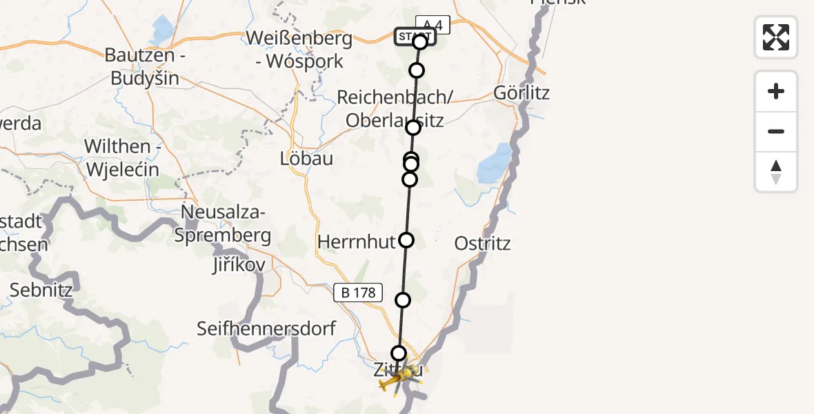 Flugroute Rettungshubschrauber Waldhufen - Zittau, 23 Juni 2026, 13:40