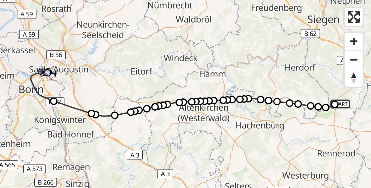 Flugroute Polizeihubschrauber Siegerland Flughafen - Sankt Augustin, 23 Juni 2026, 13:47
