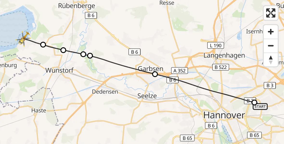 Flugroute Rettungshubschrauber Hannover Luftrettung Hubschrauberlandeplatz (Christoph 4) - Wunstorf, 23 Juni 2026, 13:51