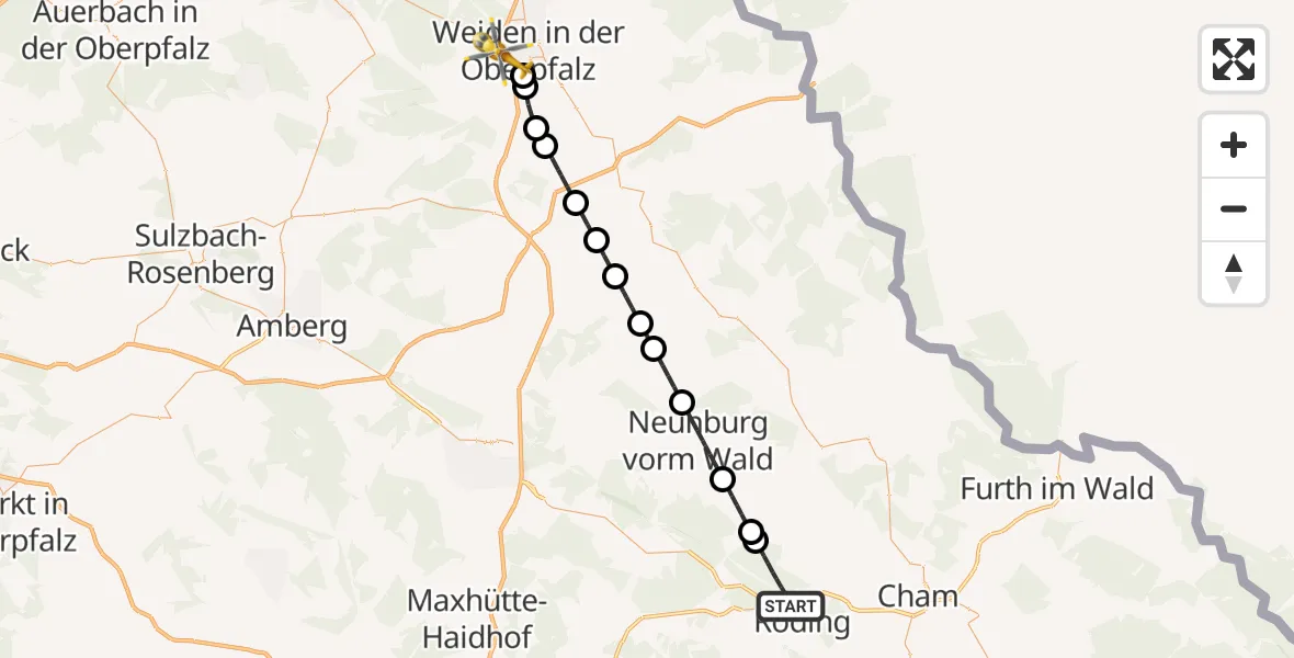 Flugroute Rettungshubschrauber Roding - Weiden i.d.OPf., 23 Juni 2026, 13:51