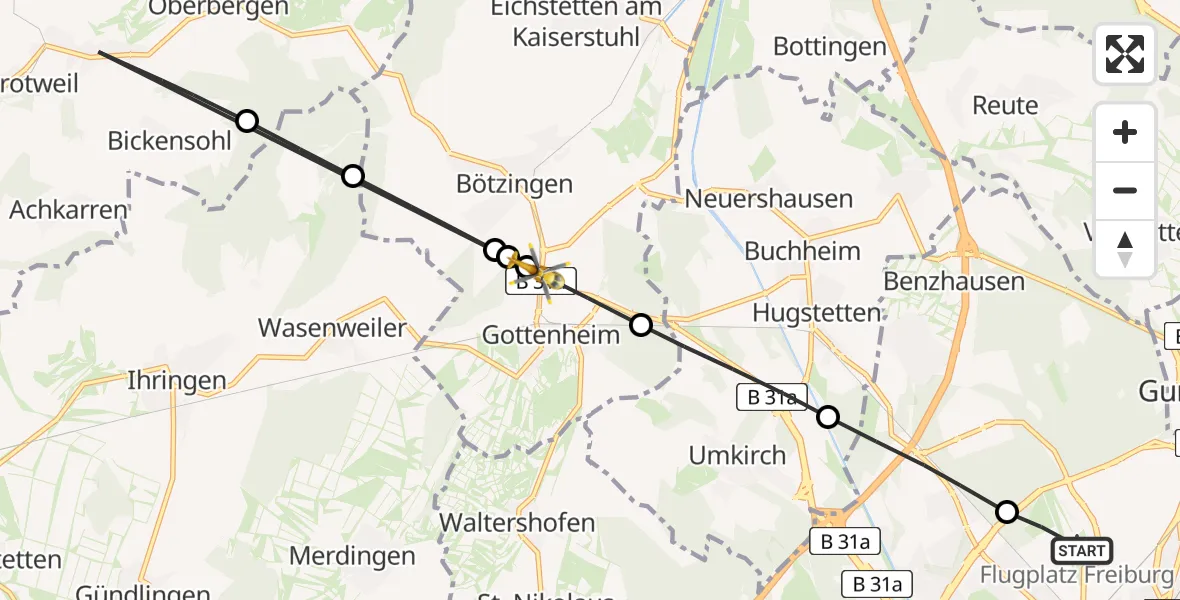 Flugroute Ambulanzhubschrauber Freiburg im Breisgau Flugplatz - Gottenheim, 23 Juni 2026, 13:53