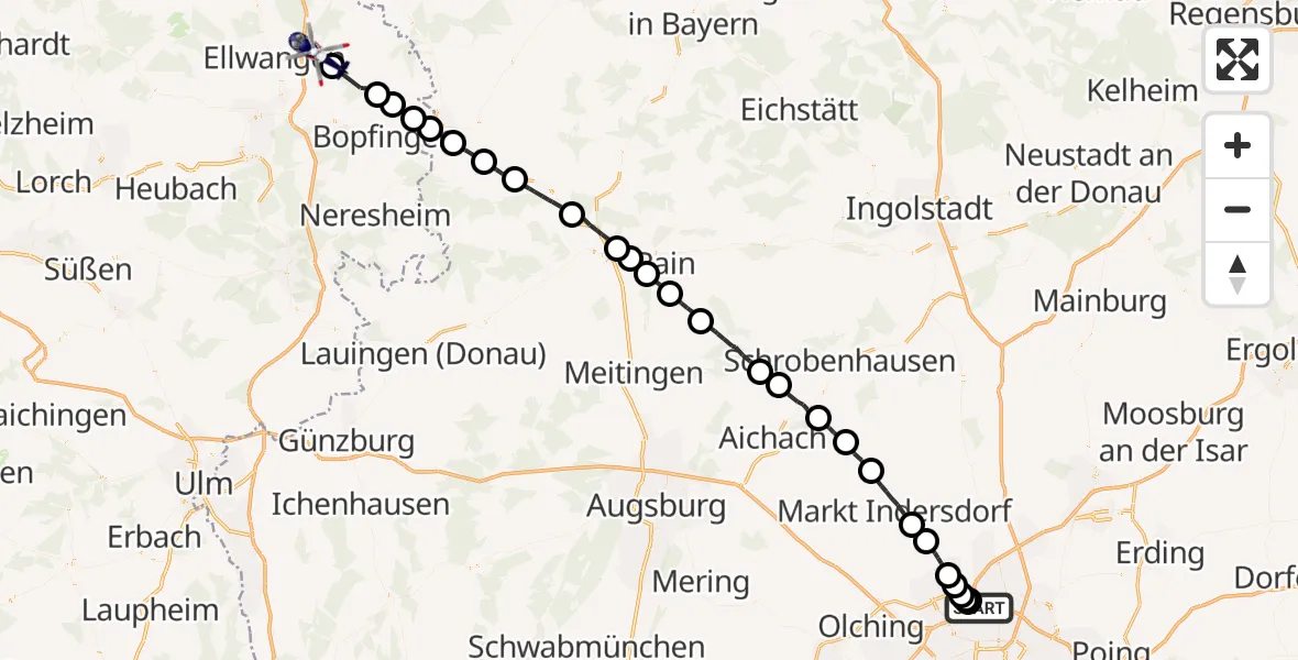 Flugroute Polizeihubschrauber Oberschleißheim - Ellwangen (Jagst), 23 Juni 2026, 13:53