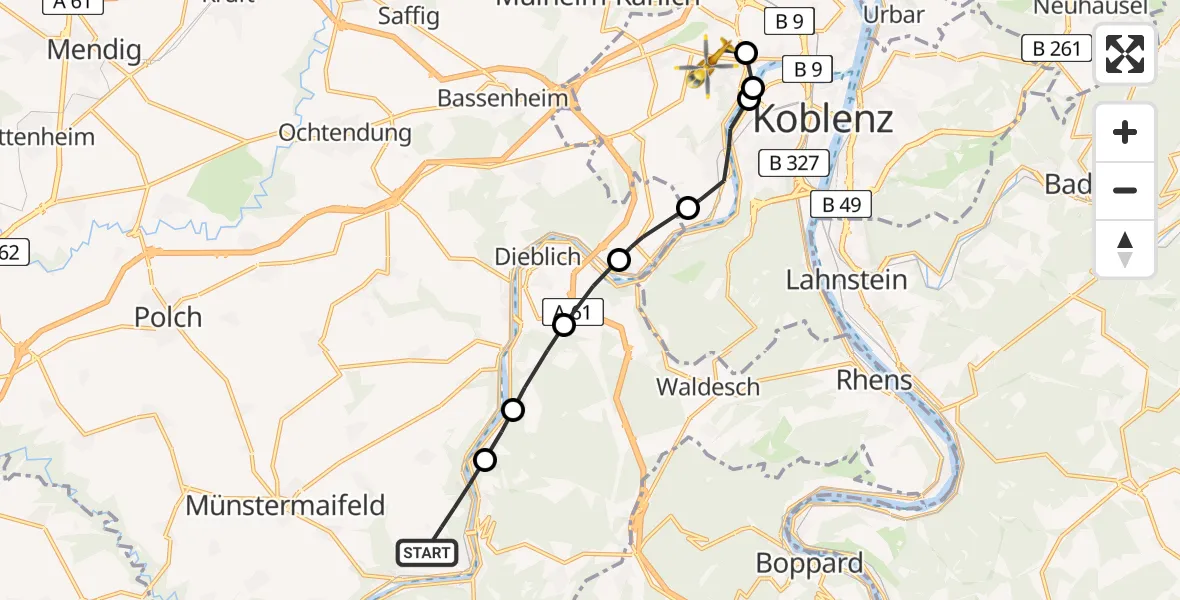 Flugroute Rettungshubschrauber Löf - Koblenz, 23 Juni 2026, 13:54
