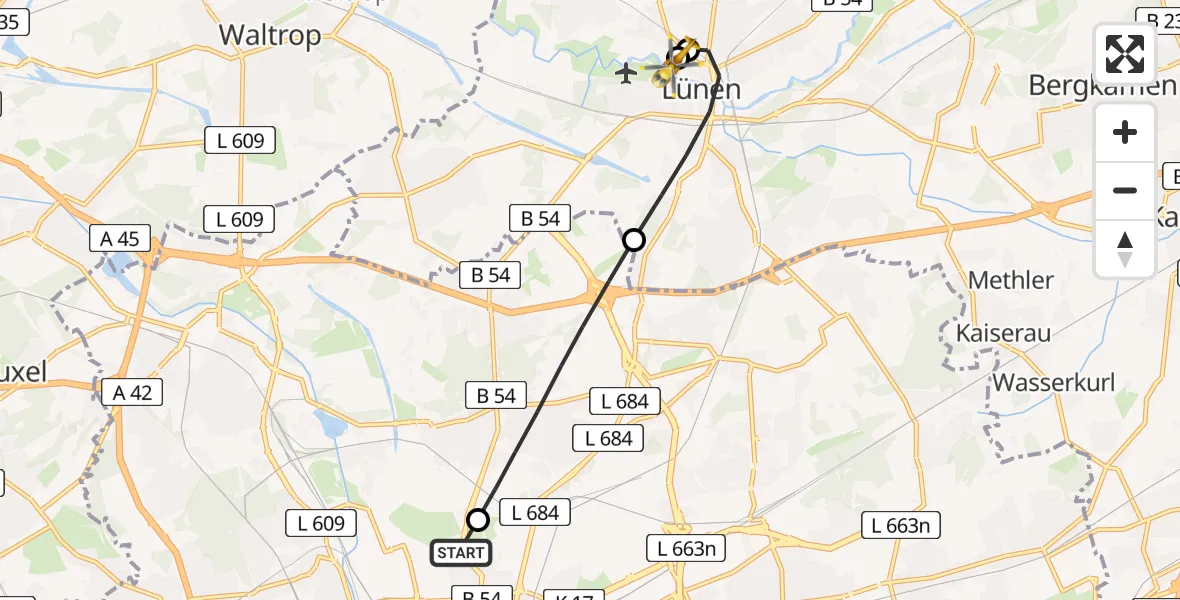 Flugroute Rettungshubschrauber Dortmund Hospital North - Sankt Marien Hospital, 23 Juni 2026, 14:03