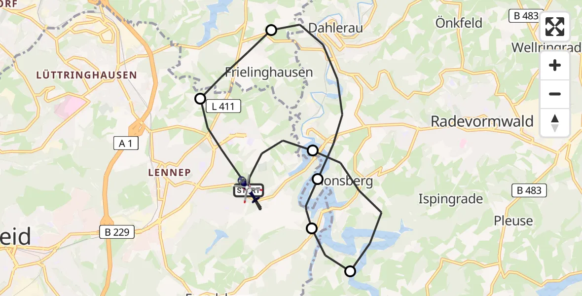 Flugroute Polizeihubschrauber Remscheid - Remscheid, 23 Juni 2026, 14:05