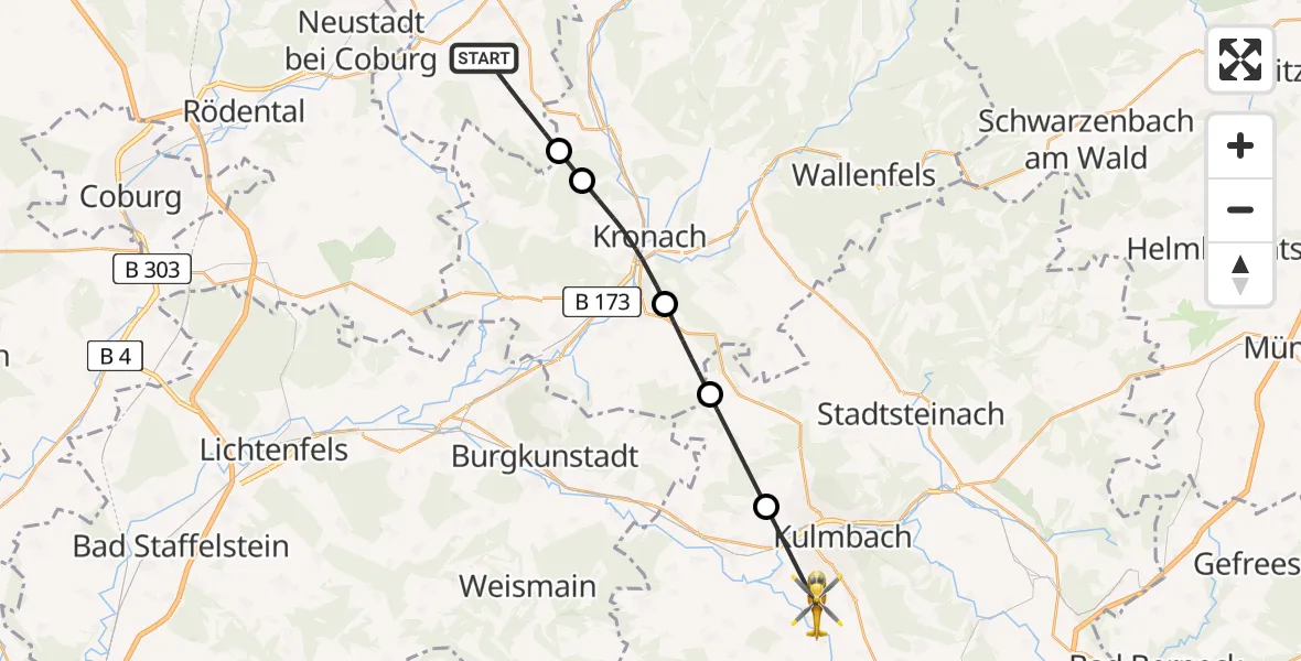 Flugroute Rettungshubschrauber Föritztal - Kulmbach, 23 Juni 2026, 14:11