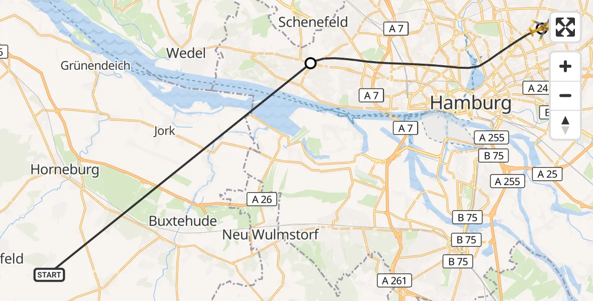 Flugroute Rettungshubschrauber Harsefeld - Hamburg Military Hospital, 23 Juni 2026, 14:13