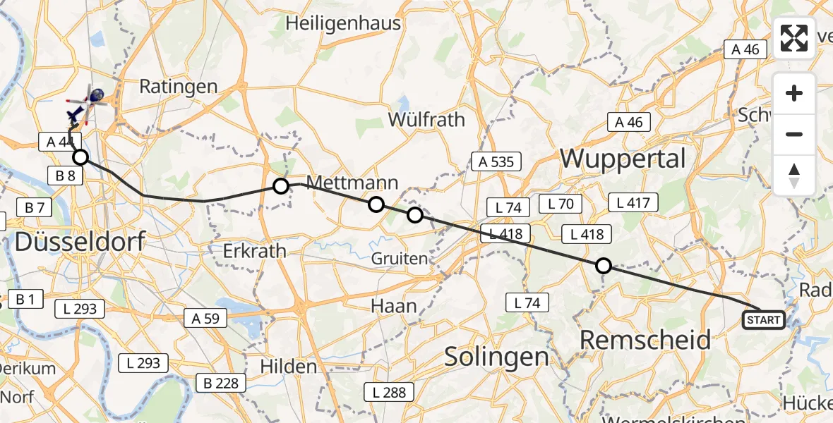 Flugroute Polizeihubschrauber Remscheid - Düsseldorf Flughafen, 23 Juni 2026, 14:17