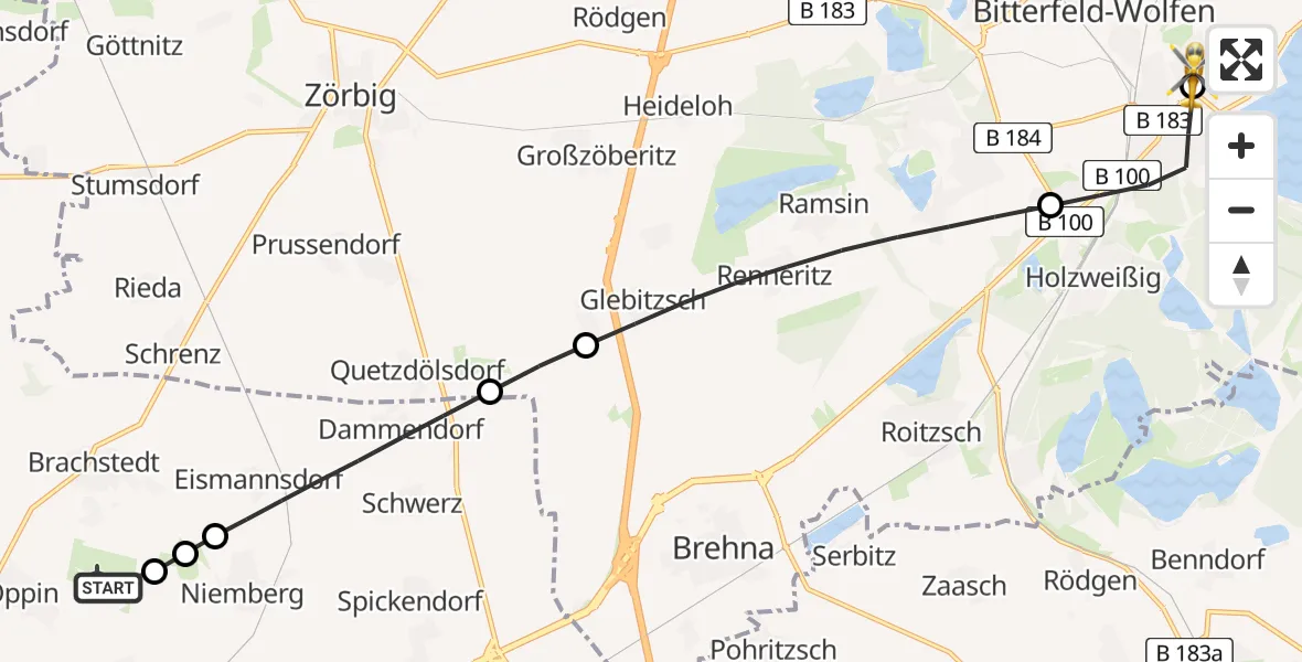 Flugroute Rettungshubschrauber Halle-Oppin Flugplatz - Bitterfield-Wolfen Health Center Hubschrauberlandeplatz, 23 Juni 2026, 14:24