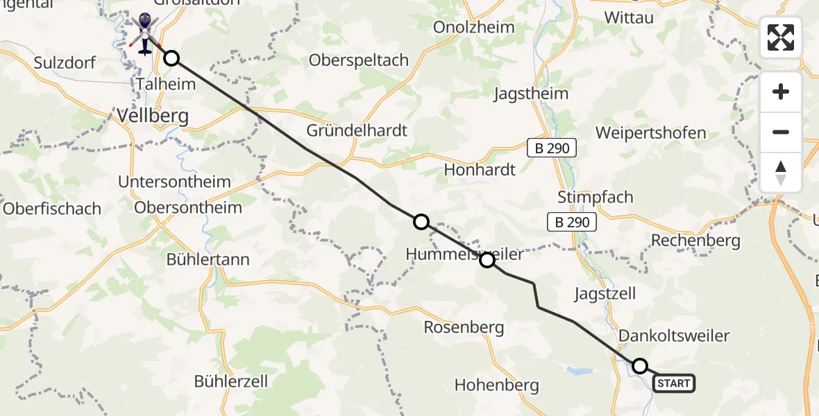 Flugroute Polizeihubschrauber Ellwangen (Jagst) - Vellberg, 23 Juni 2026, 14:25