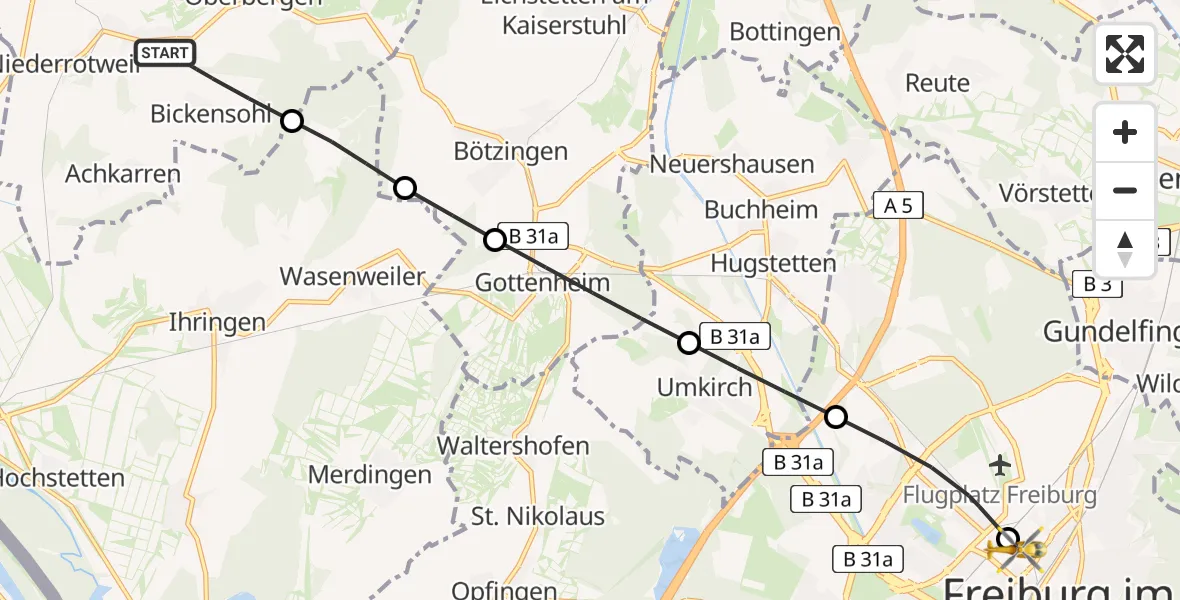 Flugroute Ambulanzhubschrauber Vogtsburg im Kaiserstuhl - Freiburg University Hospital Heliport 1, 23 Juni 2026, 14:30