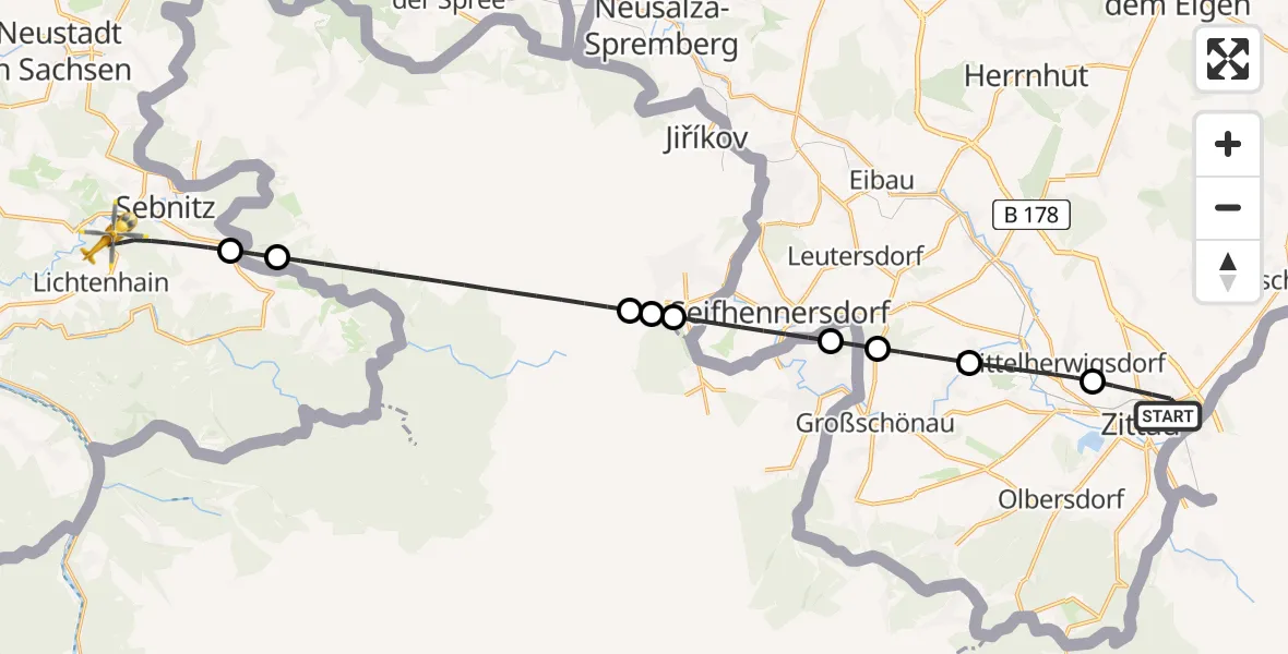 Flugroute Rettungshubschrauber Zittau - Sebnitz, 23 Juni 2026, 14:31