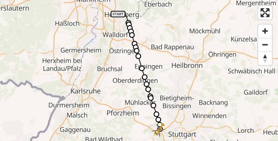 Flugroute Rettungshubschrauber Heidelberg - Leonberg Hospital, 23 Juni 2026, 14:32