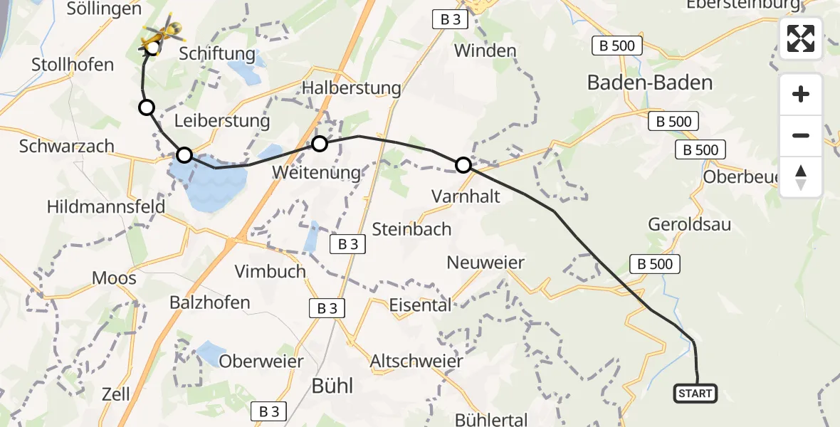 Flugroute Rettungshubschrauber Baden-Baden - Karlsruhe Baden-Baden Flughafen, 23 Juni 2026, 14:34