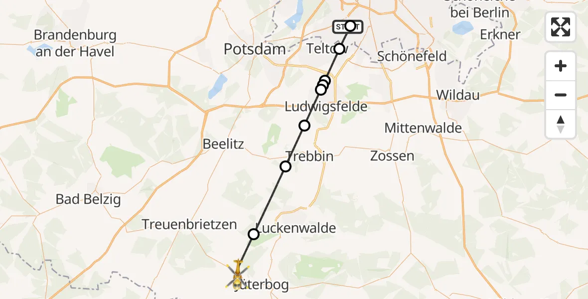 Flugroute Rettungshubschrauber Charité Clinic Benjamin Franklin Campus - Niedergörsdorf, 23 Juni 2026, 14:39