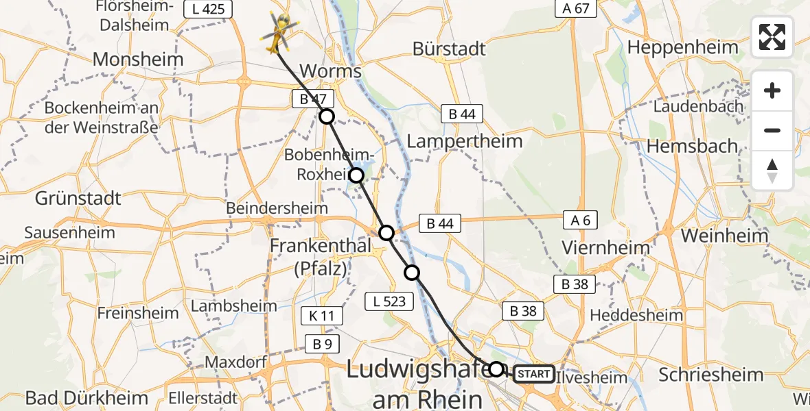 Flugroute Rettungshubschrauber Mannheim-City Flughafen - Worms, 23 Juni 2026, 14:45