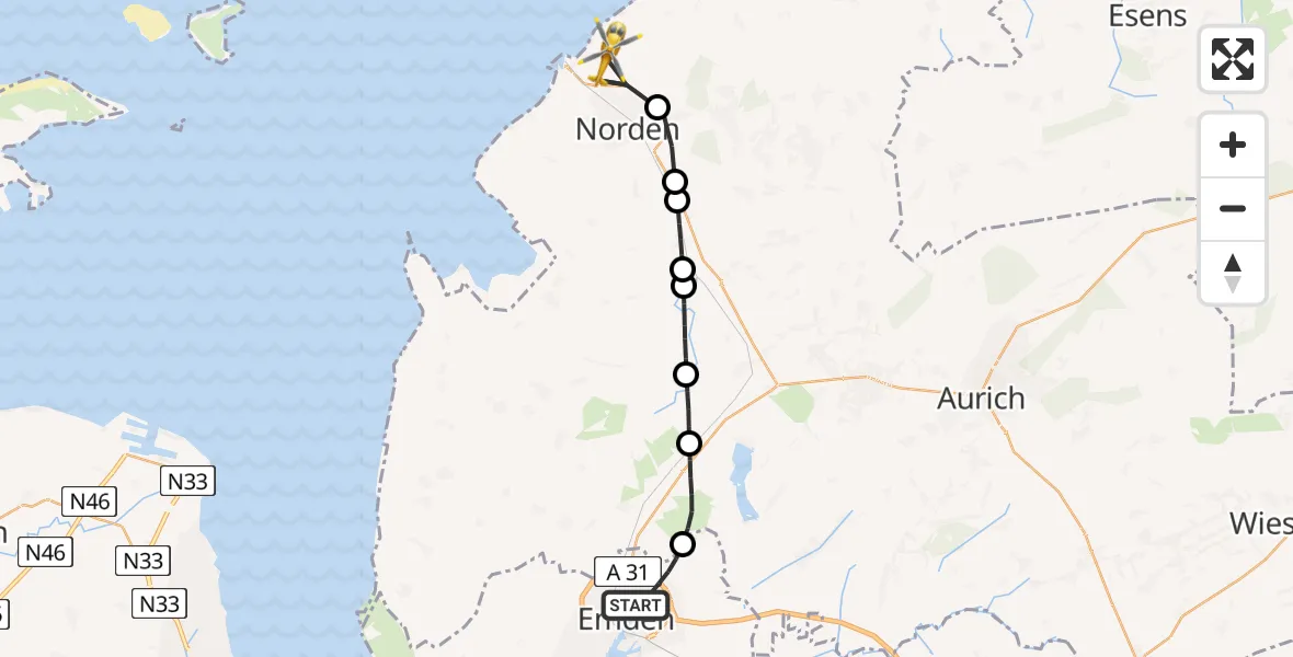 Flugroute Ambulanzhubschrauber Emden - Norden, 23 Juni 2026, 14:45