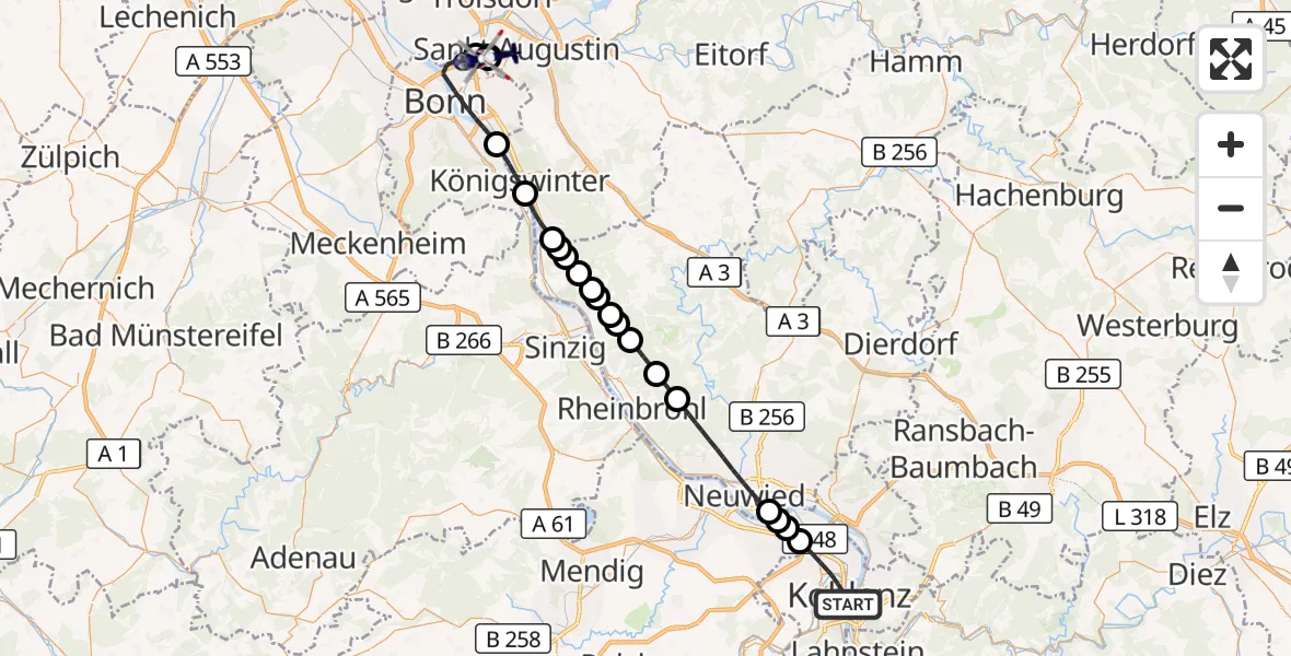 Flugroute Polizeihubschrauber Koblenz - Sankt Augustin, 23 Juni 2026, 14:46