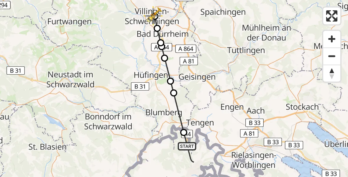 Flugroute Ambulanzhubschrauber Tengen - DRF Air Rescue Station Villingen-Schwenningen Hubschrauberlandeplatz (Christoph 11), 23 Juni 2026, 14:47