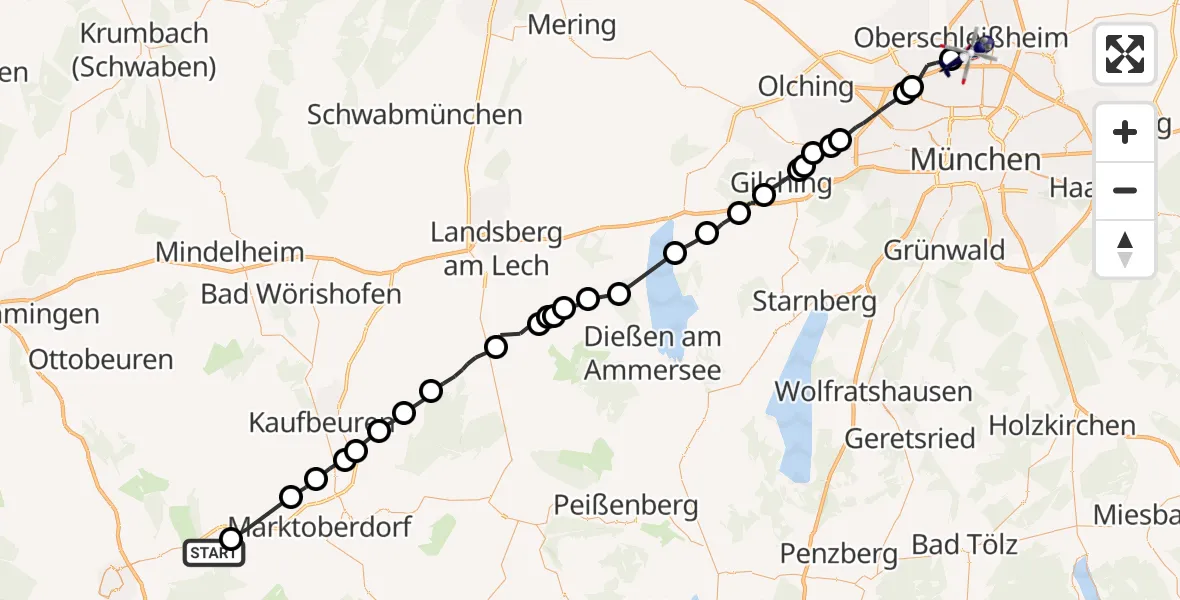Flugroute Polizeihubschrauber Kraftisried - Oberschleissheim Hubschrauberlandeplatz, 23 Juni 2026, 14:51