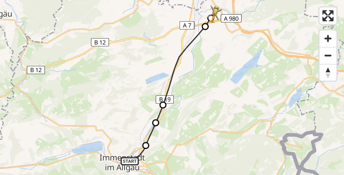 Flugroute Rettungshubschrauber Immenstadt i.Allgäu - Kempten-Durach Flugplatz, 23 Juni 2026, 14:57