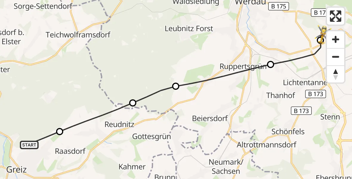 Flugroute Rettungshubschrauber Greiz - ADAC Air Rescue Station Zwickau Hubschrauberlandeplatz, 23 Juni 2026, 14:59