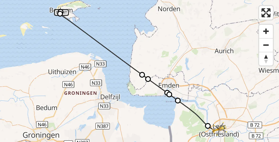 Flugroute Rettungshubschrauber Borkum Island Hospital - Leer (Ostfriesland), 23 Juni 2026, 15:02